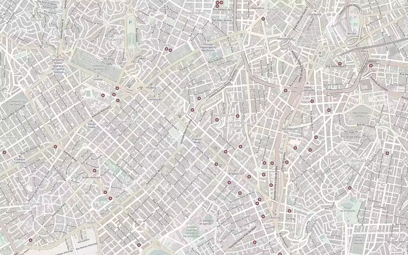 Mapa de ruas da região da Avenida Paulista com ponto analisado, áreas de influência e locais de interesse